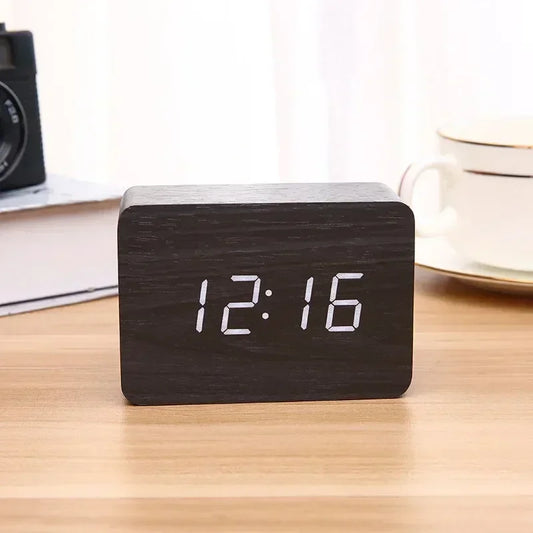 Fashion Alarm Clock LED Wooden Watch Table Voice Control Digital Wood