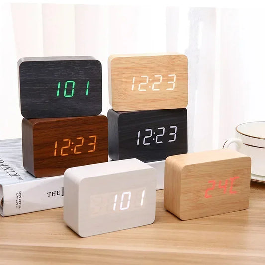 Fashion Alarm Clock LED Wooden Watch Table Voice Control Digital Wood