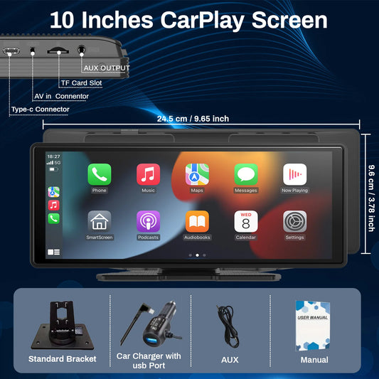 Portable CarPlay 10'' Smart Touchscreen with Car Stereo, Wireless